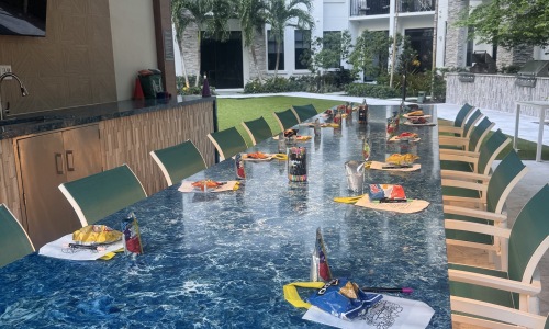 a table with food and chairs